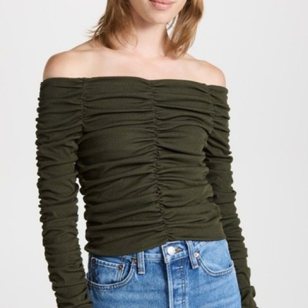 Sexy Off the Shoulder Ruched Long Sleeve Top-by Line and Dot-Olive Green Size M